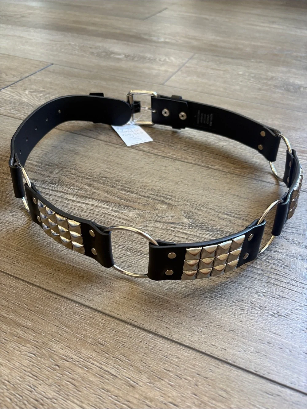 Hot Topic Pyramid Stud & O-Ring Waist Belt Black Faux Leather w Silver Buckle
